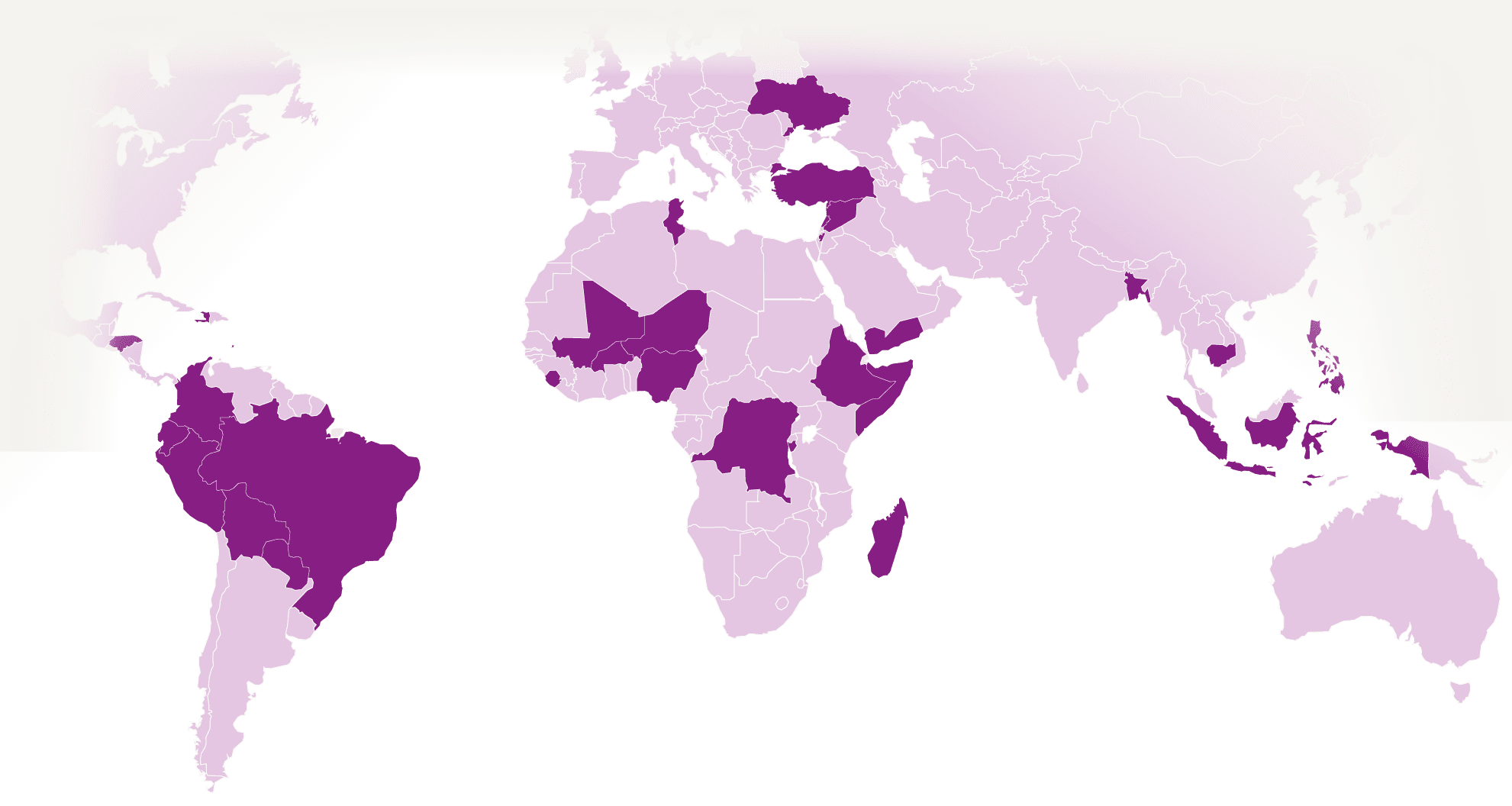 World map showing our work overseas | Carte du monde montrant notre travail à l'international