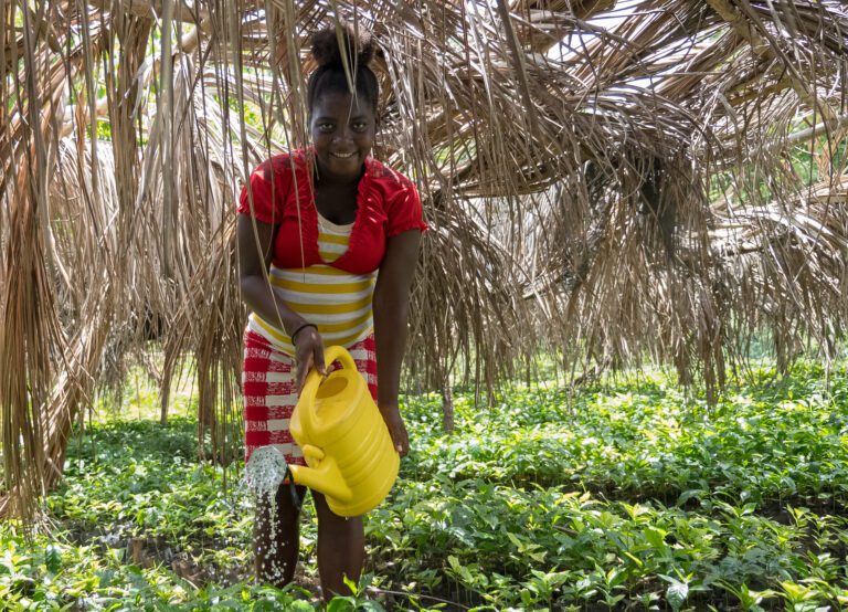 Photo d'Haïti : femme arrosant des plantes | Photo of Haiti: woman watering plants