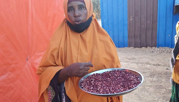 Halima shows red beans from her farm, which she wants to prepare as a meal for her family. Halima montre des haricots rouges de sa ferme, qu'elle veut préparer pour le repas de sa famille.